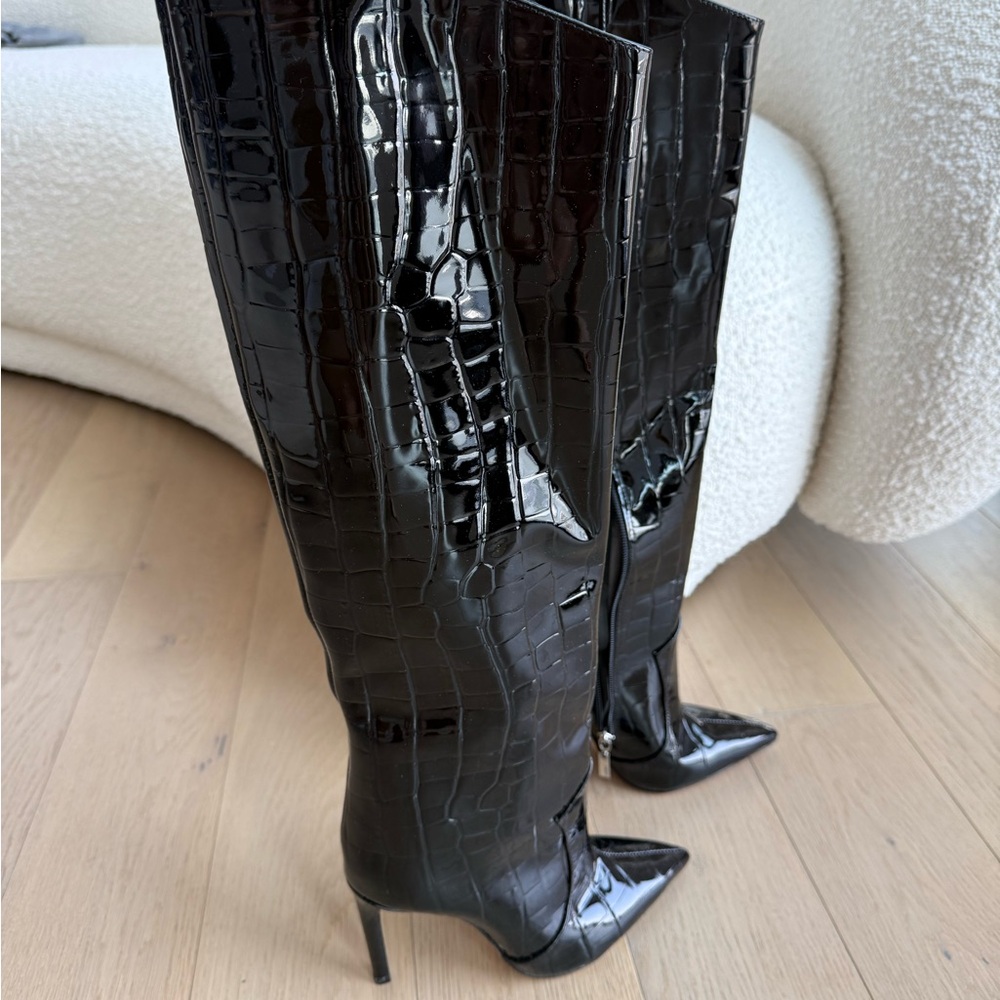 SCHUTZ Glossy Black Croc Heeled Boots